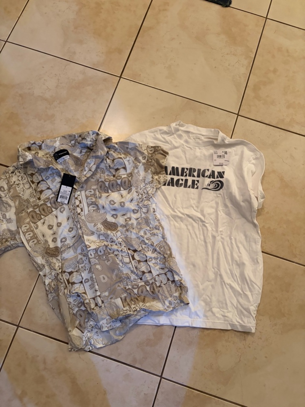 American Eagle Outfitters White Logo Tee and Beige Paisley Short Sleeve Shirt